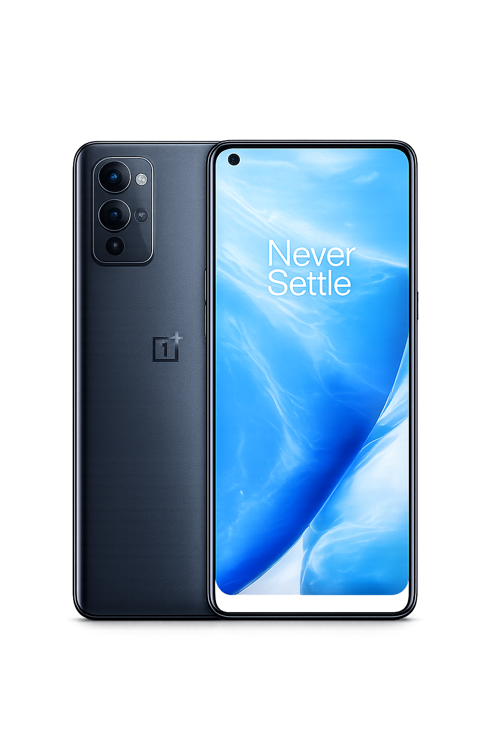 Een nieuw model van de OnePlus-smartphone met de tekst 'Never Settle' op het scherm, zwart met drie camera's aan de achterzijde.