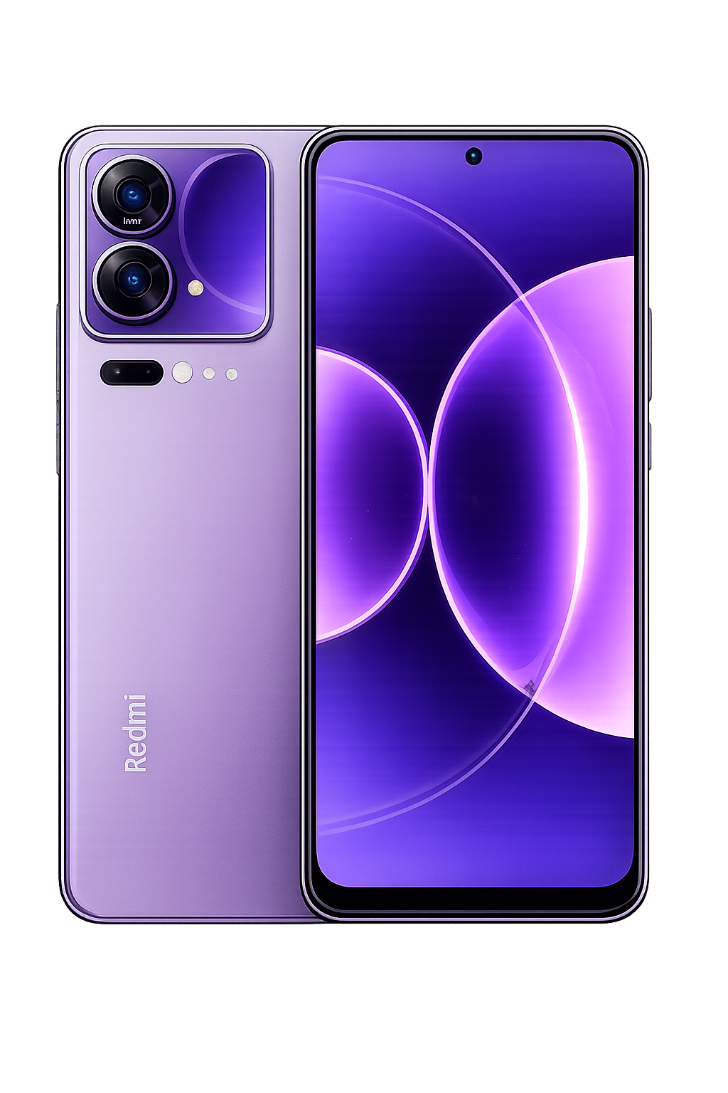 Een smartphone met een uitgelichte front en achterkant, in een lichtpaarse kleur, met twee camera's op de achterkant en een randloze scherm vooraan met een kleine gat voor de camera.