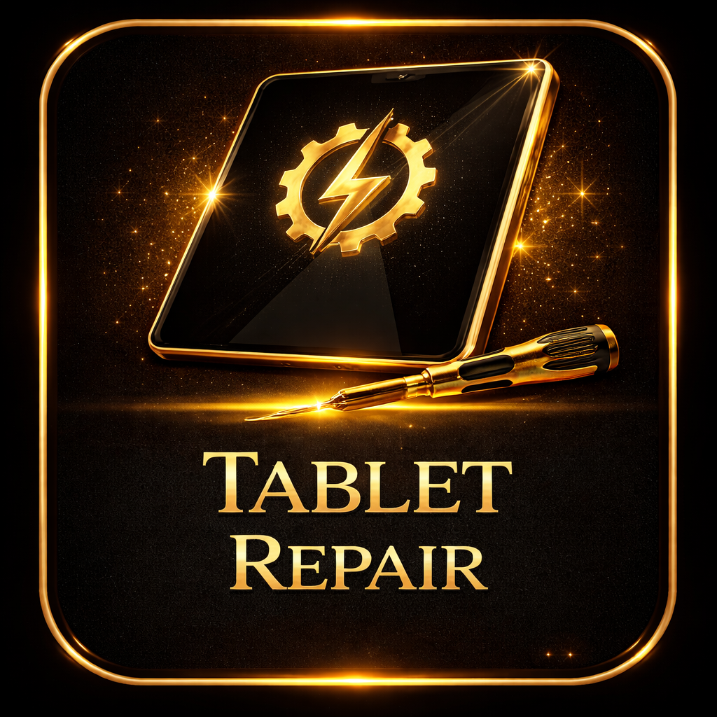Een gouden icon van een tablet met een bliksemschicht en tandwiel, en de tekst 'Tablet Repair' onderaan, in een glanzend en luxueus ontwerp.