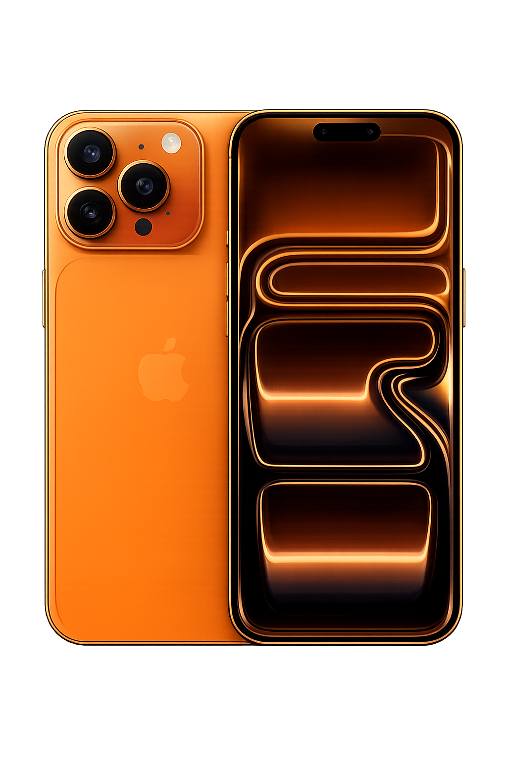 Gouden iPhone met drie camera's en een vingerafdrukscanner op de achterkant, naast het scherm met de tekst 'iPhone 14 Pro'.