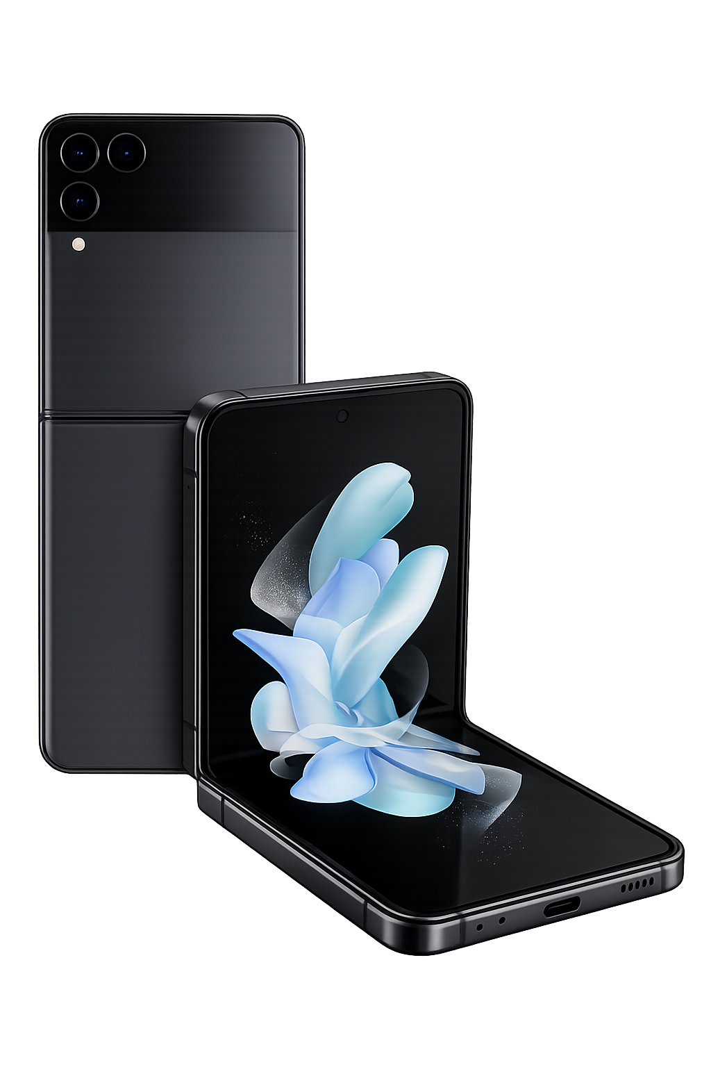 Een nieuwe zwarte smartphone met een grote scherm en drievoudige camera op de achterkant, vervaardigd door Samsung, weergegeven met een futuristische achtergrond.