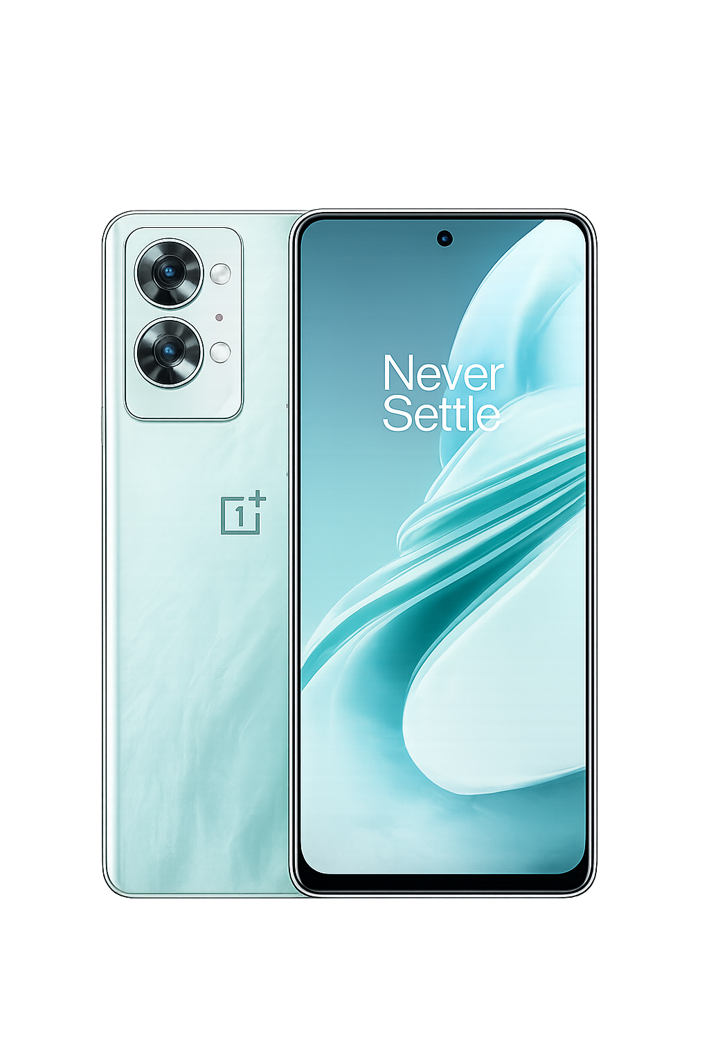 Een smartphone met dubbele camera en het textlabel 'Never Settle' op het scherm, geplaatst voor een kleurrijke lichtshowachtergrond.