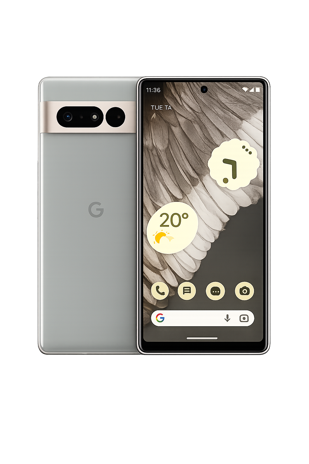 Een Google Pixel-smartphone met een scherm dat de tijd, datum en weer aangeeft, samen met verschillende app-iconen en widgets op een zwarte achtergrond.