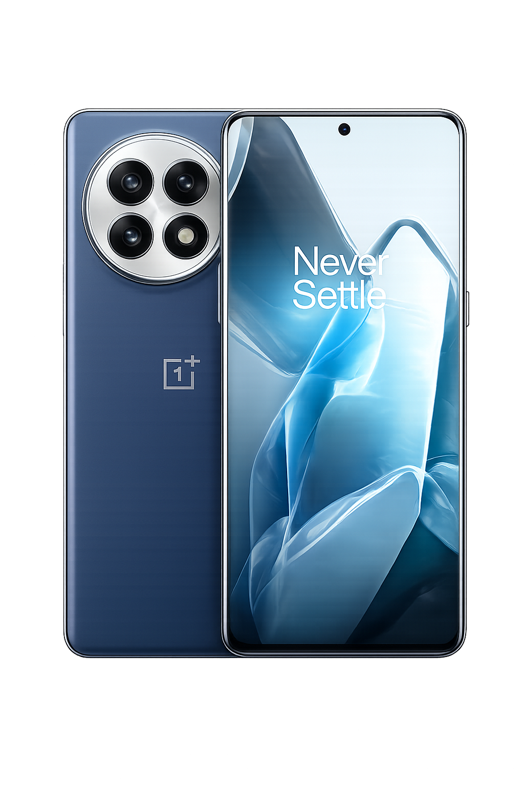 Smartphone met de slogan 'Never Settle' op het scherm, zie afbeelding van een telefoon met vier camera-objectieven op de achterkant, merk OnePlus.