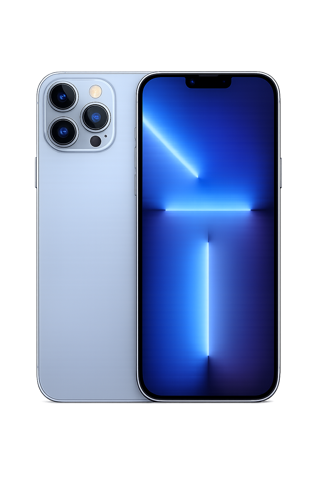 Een nieuwe iPhone met een blauw scherm en een drie-camera achterzijde, weergegeven tegen een achtergrond met rode lichten.