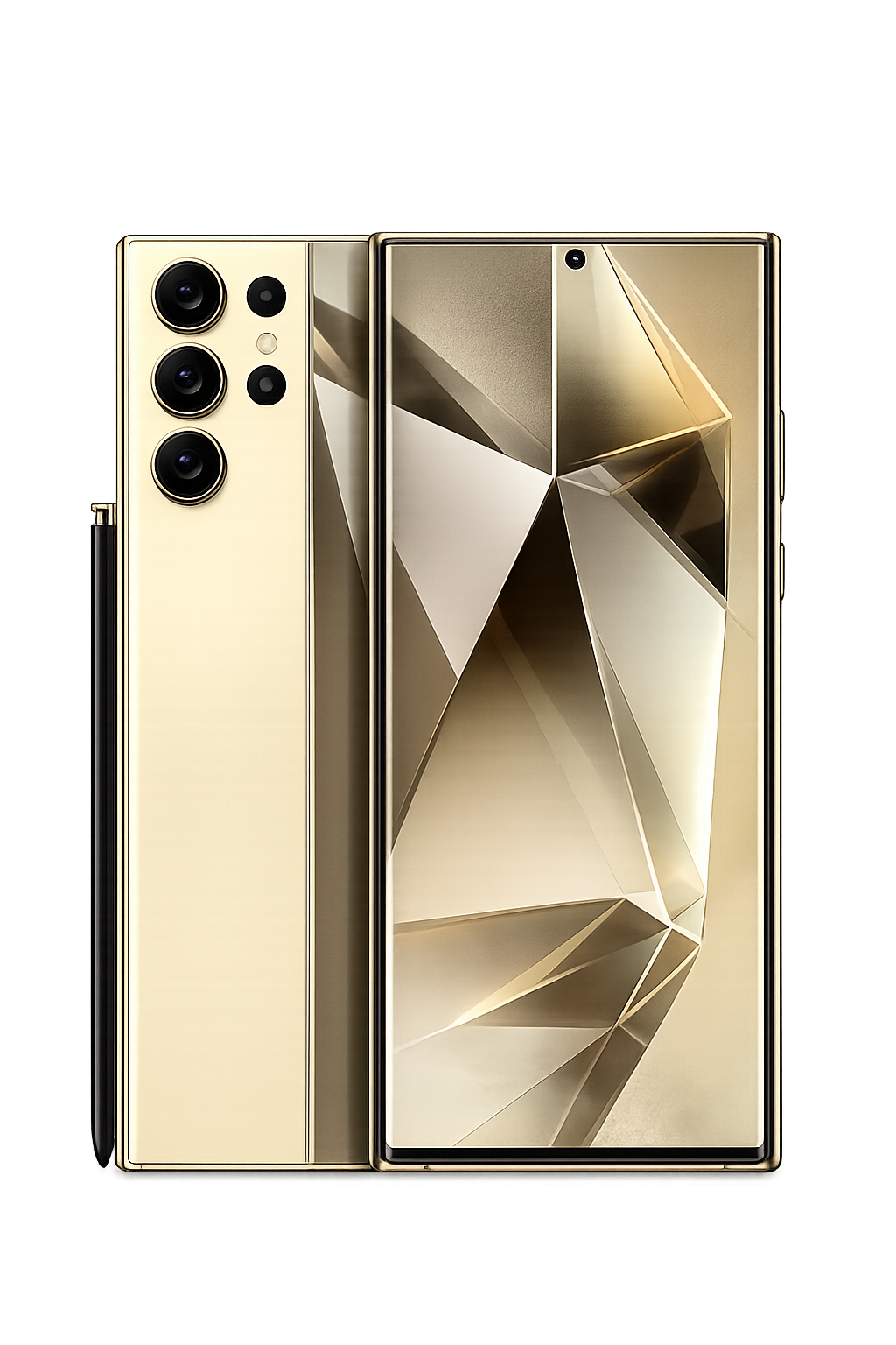 Gouden smartphone met drie camera's aan de achterkant en een grote, reflecterende scherm aan de voorkant.