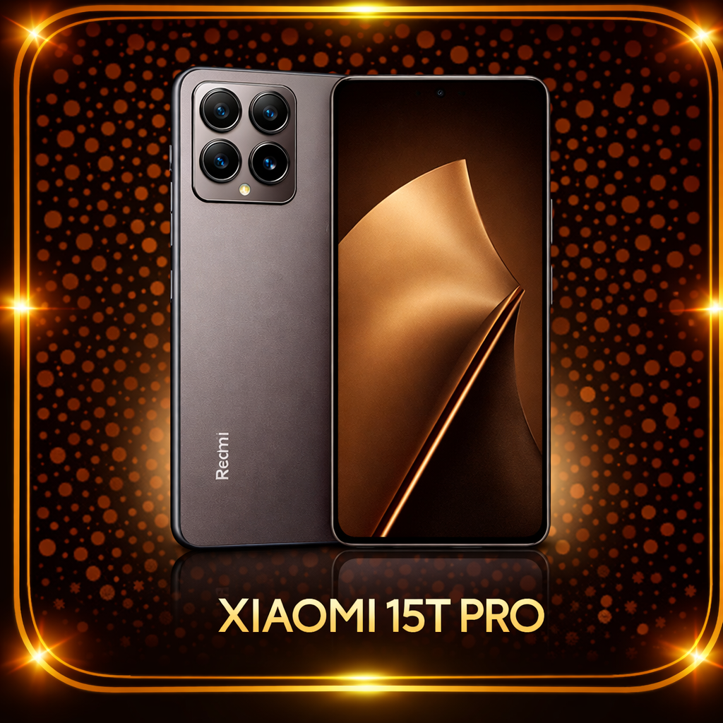 Een promotiefoto van de Xiaomi 15T Pro smartphone, met een glanzende display en een grijze achterkant met vier cameralenzen en een flitser, omgeven door een gouden omlijsting en een achtergrond met oranje en zwarte bubbels.