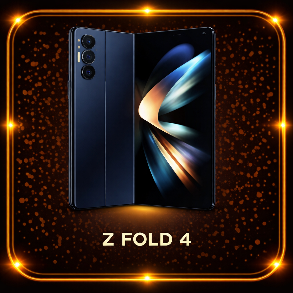 Zwart opvouwbaar smartphone, Z Fold 4, met een kleurrijk scherm, omgeven door een gouden en oranje sprankelende omlijsting.