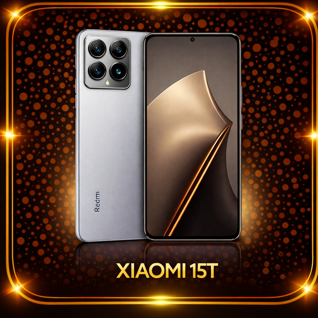 Een afbeelding van de Xiaomi 15T-smartphone met een zilveren achterkant en een groot scherm, omlijst door een gouden glow en oranje stippellijntjes op een donkere, feestelijke achtergrond.