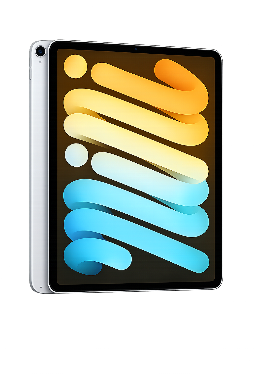 Een modern smartphone met een kleurrijk abstract display en een lichte achterzijde, geplaatst voor een achtergrond met neonlichten.