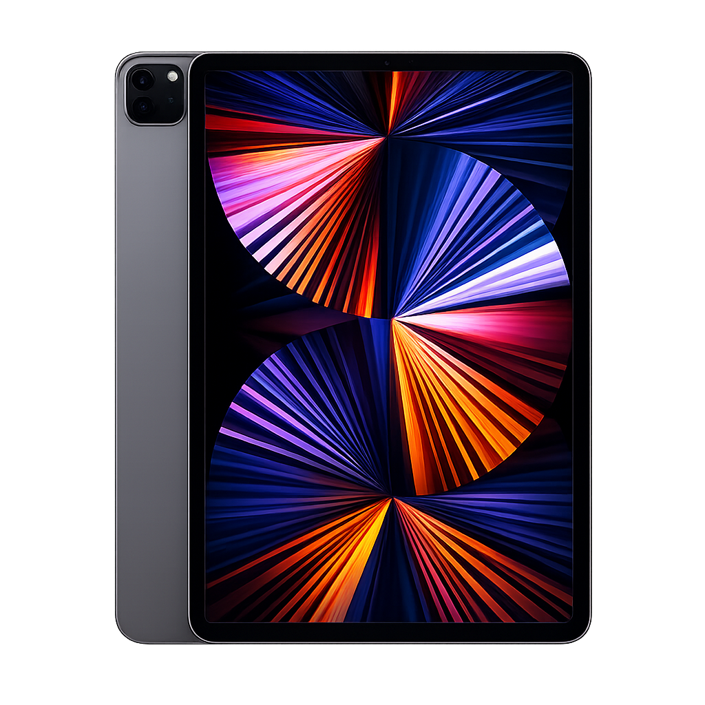 Een iPad met een kleurrijk, abstract patroon op het scherm tegen een zwarte achtergrond.