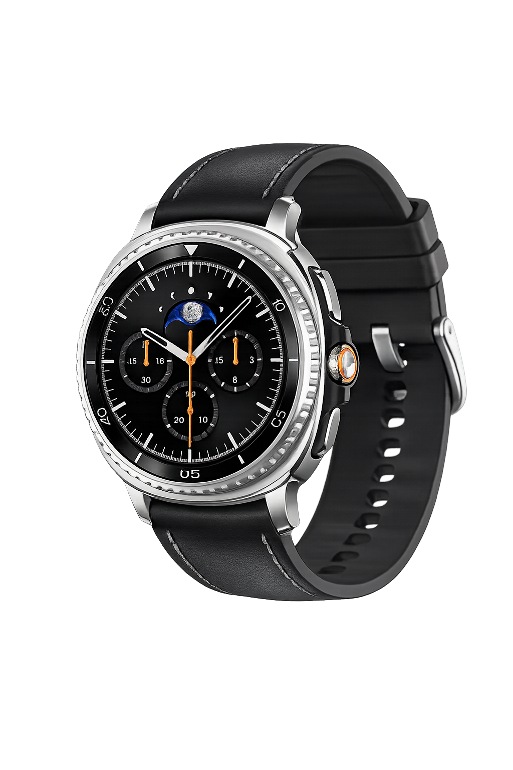 Een moderne horloge met een zwart leren band en een digitale wijzerplaat met meerdere functies, weergegeven tegen een kleurrijke, vage lichtachtergrond.