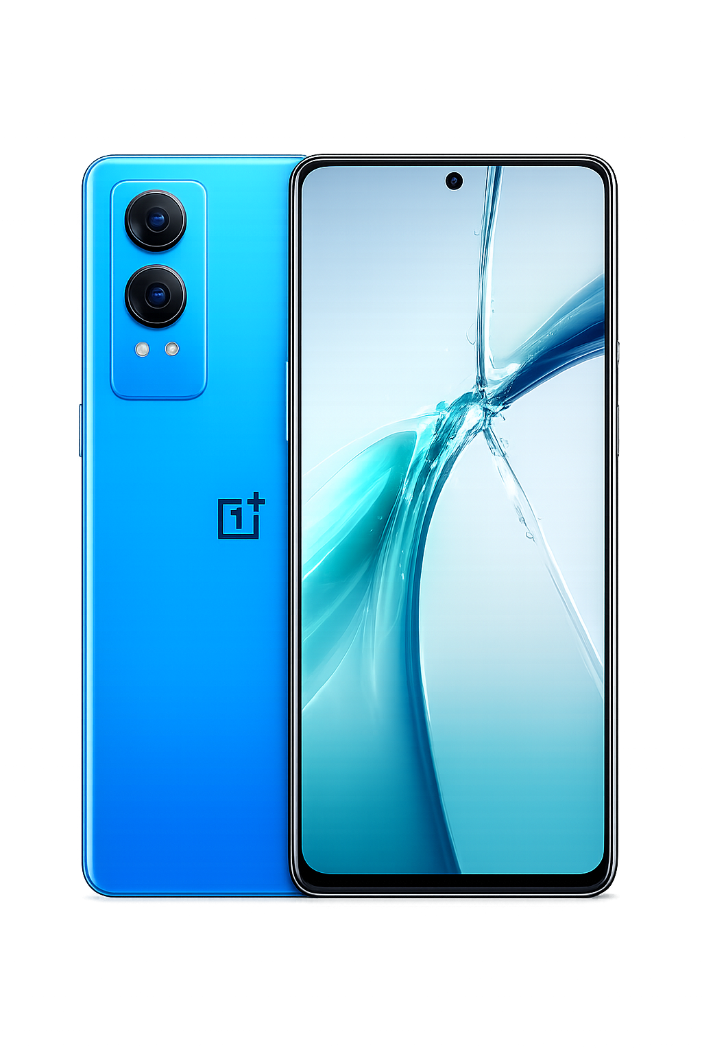 Close-up van een blauwe OnePlus smartphone met dubbele camera's en een groot scherm.