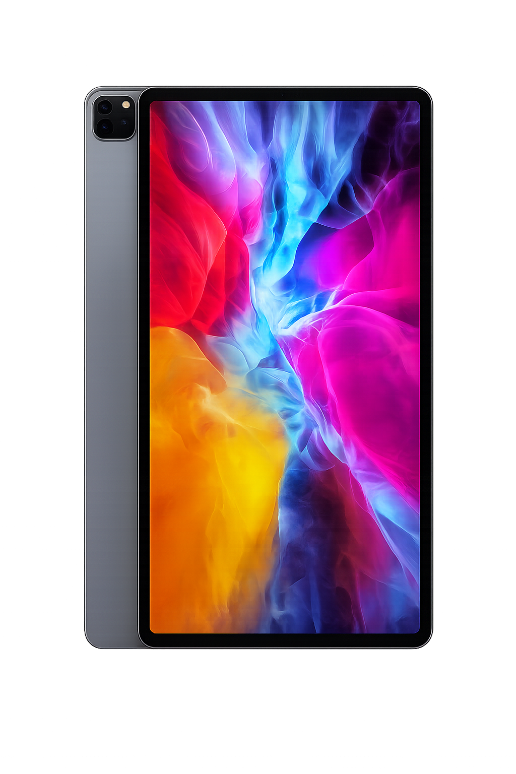 Een close-up van een Apple iPad met een kleurrijk, abstract wallpaperscherm, op een donkere achtergrond.