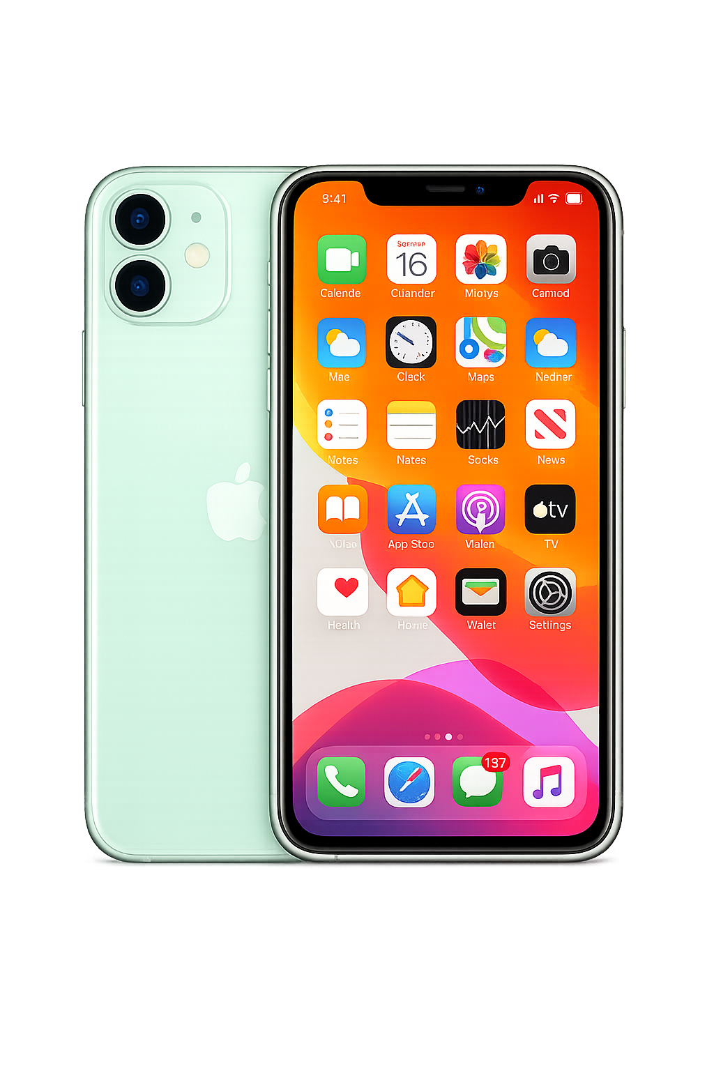 Een nieuwe groene iPhone met het scherm aan, tonen van de beginscherm met verschillende app-iconen. De achterkant van de iPhone laat het Apple-logo zien.
