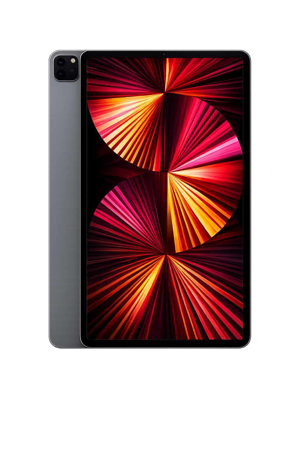 Een Apple iPad met een kleurrijk, abstract display op het scherm, naast een grijze rand en een zwarte achterzijde.