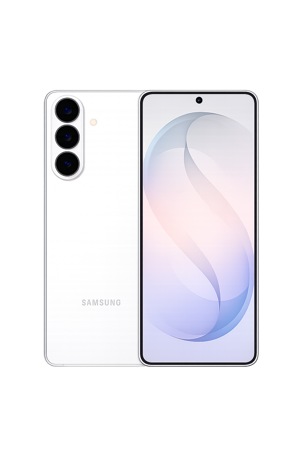 Een witte Samsung-smartphone met drie camerakanalen aan de achterkant en een randloze scherm met een vooraanzicht, geplaatst op een donkere achtergrond met kleurrijke lichtreflecties.