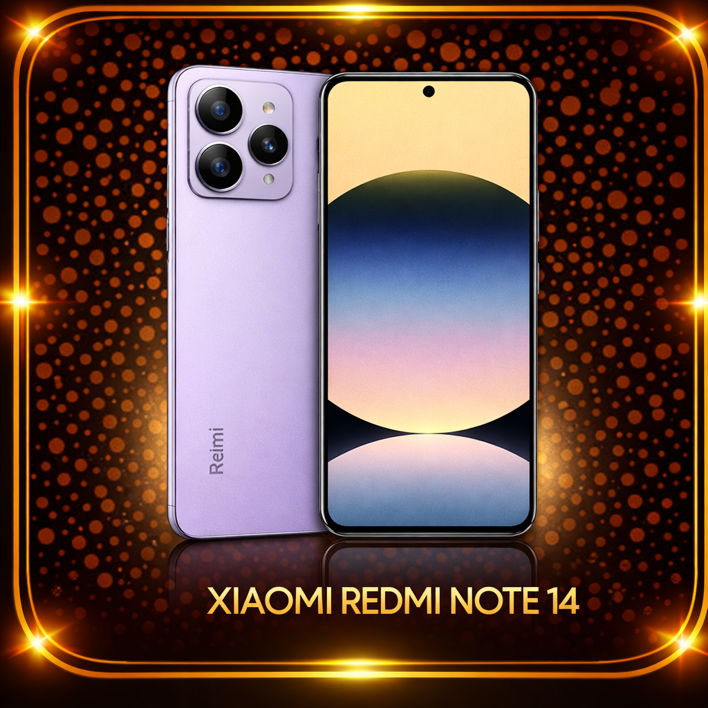 Een afbeelding van de Xiaomi Redmi Note 14 smartphone met een paarse achterkant en een groot scherm, tegen een achtergrond van gouden en oranje bollen met de tekst 'Xiaomi Redmi Note 14' onderaan.