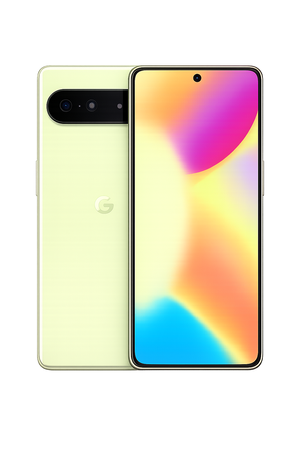 Een nieuwe Google Pixel-smartphone met een scherm met kleurrijk achtergrondsessie, en aan de achterkant een camera-eenheid met meerdere lenzen onder een zwart camera-plateau.