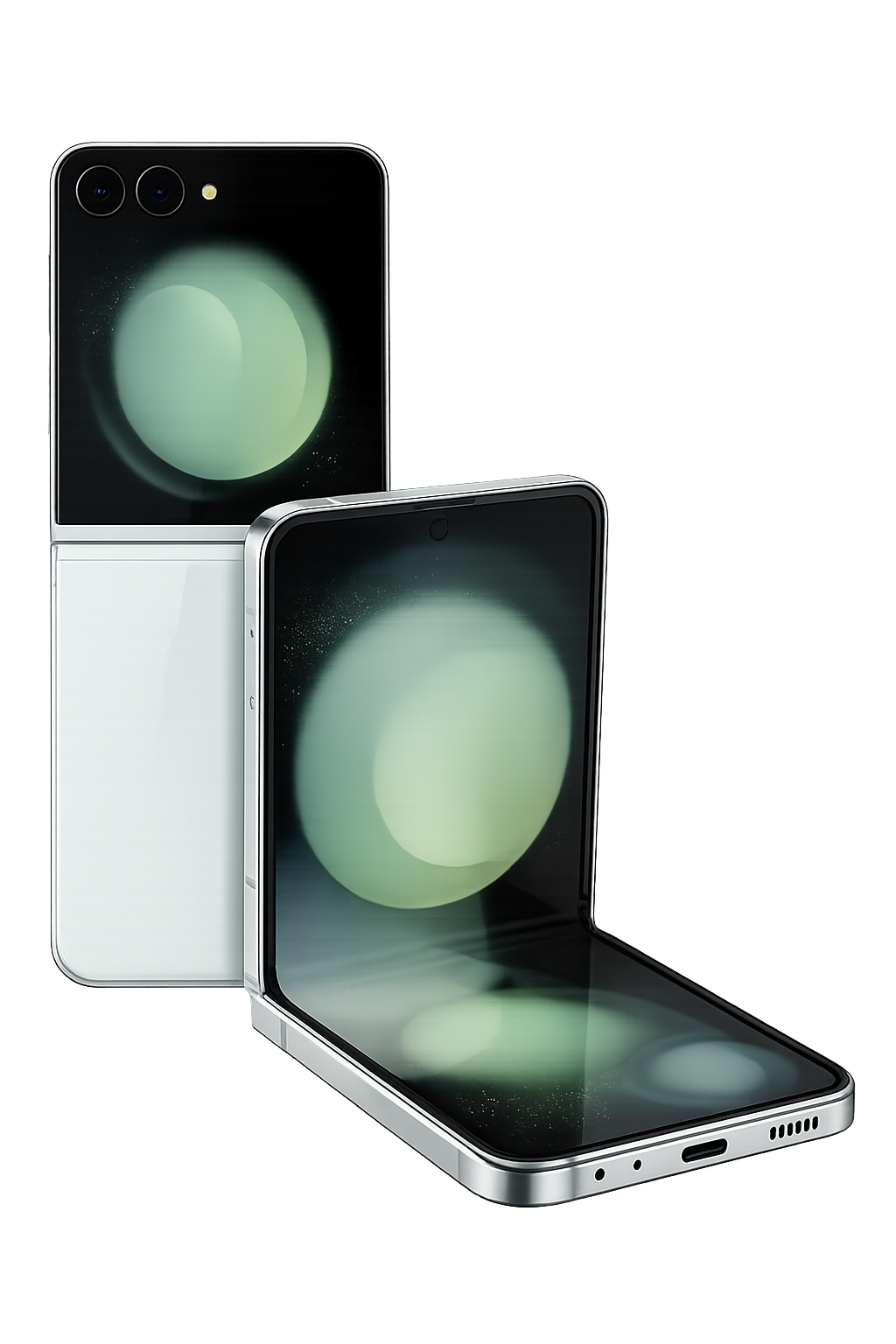 Twee moderne smartphones met een zwart scherm en dual-camera's, geplaatst op een glad oppervlak met een donkere, kleurrijke, futuristische achtergrond.