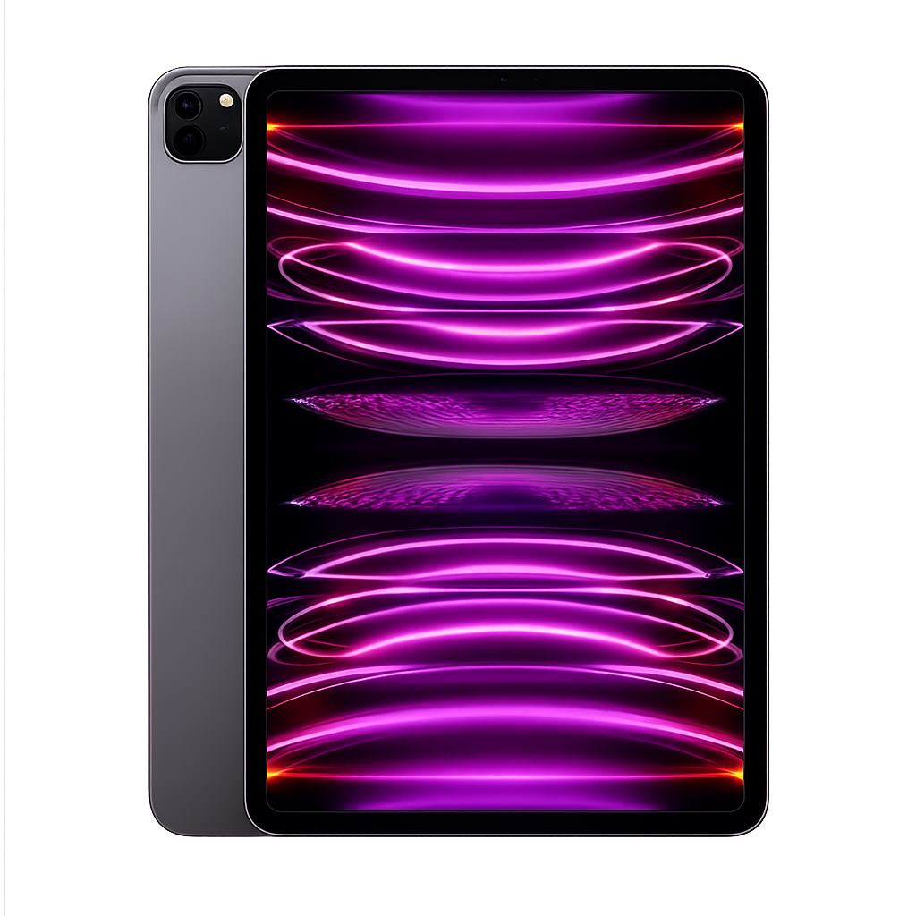 Een moderne tablet met een zwart scherm en kleurrijke neonlichten op de display, tegen een grijze achtergrond.