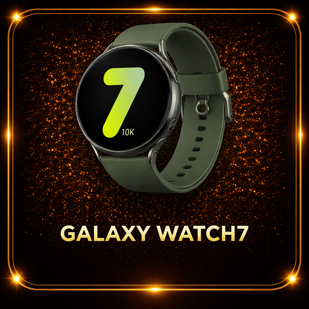 Een smartwatch met een ronde scherm, groene band en een digitale wijzer op het scherm, afgezet met een goudkleurig randje en een zwarte achtergrond met oranje sprankelende decoratie, tekst "GALAXY WATCH7" onder de watch.