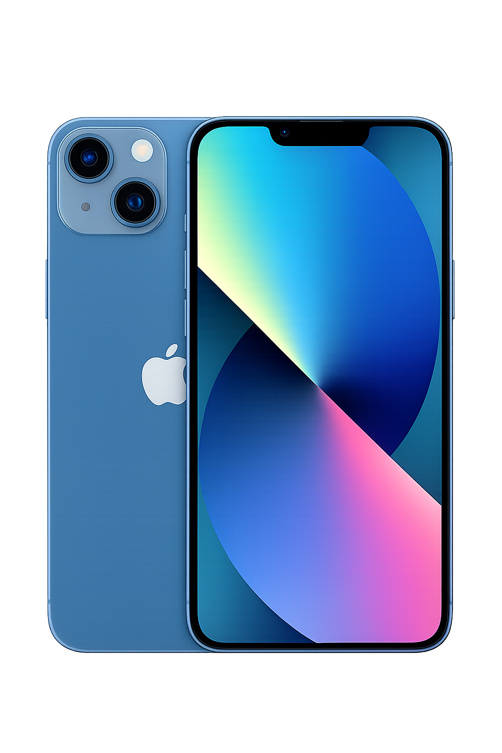 Een blauwe iPhone met een kleurrijk display en een dubbele camera op de achterkant.