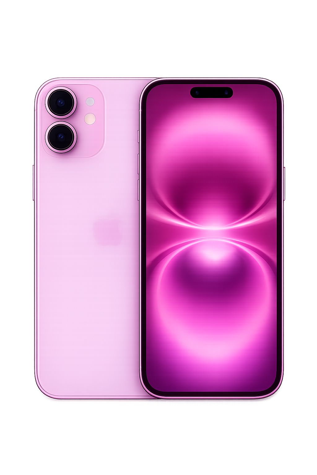 Een roze iPhone met dual camera en landschapsbeeld op het scherm met roze en Paars lichtpatroon.