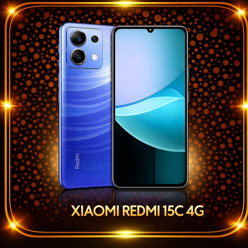 Een afbeelding van een Xiaomi Redmi 15C 4G smartphone met een zwart scherm en blauwe achterkant, gefotografeerd op een zwarte achtergrond met oranje stippen en een gouden rand, met de tekst 'Xiaomi Redmi 15C 4G' onderaan.