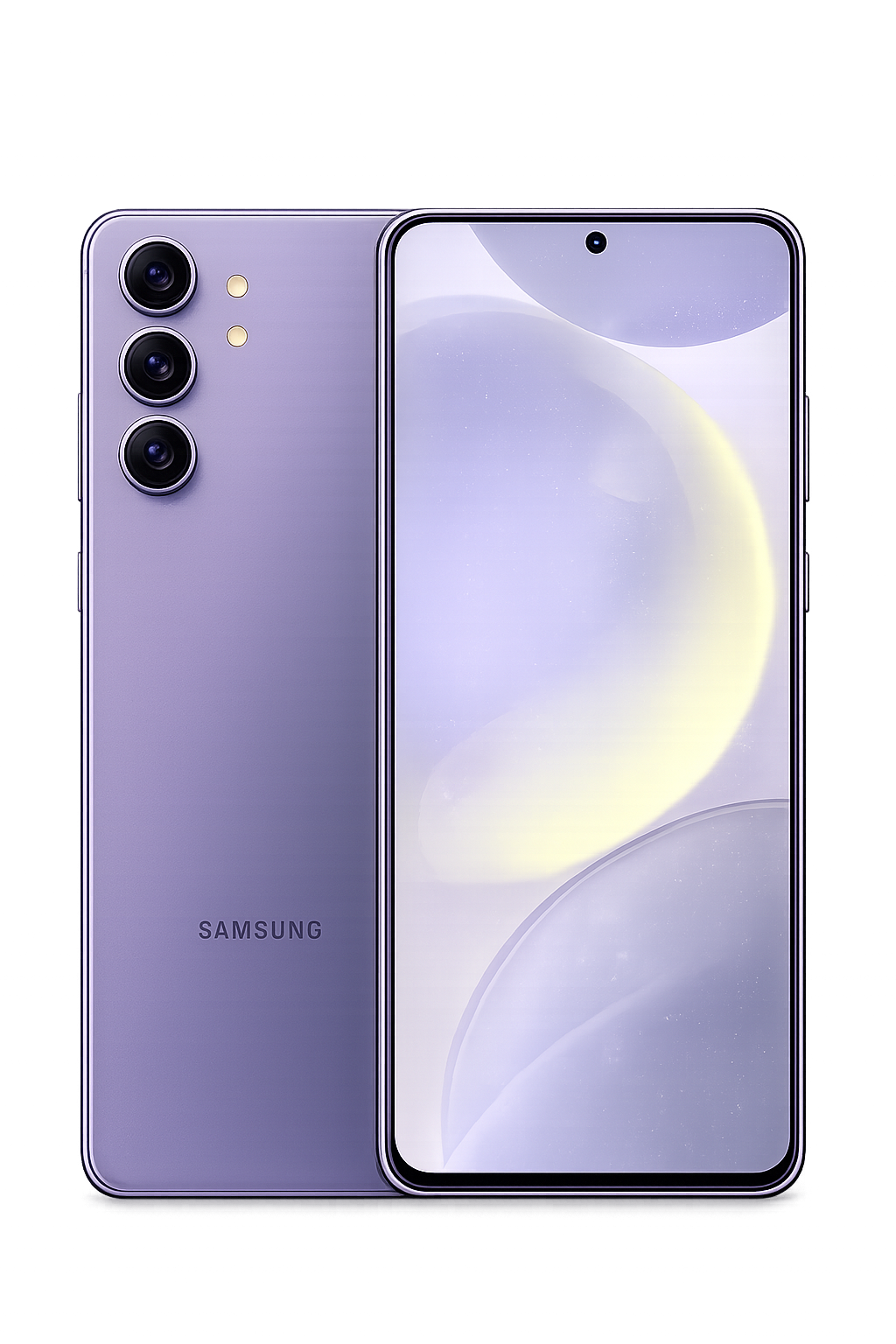 Een zilverkleurige Samsung smartphone met een drievoudige camerasysteem aan de achterkant en een groot scherm voorzijde met een kleine camera in het midden bovenaan.