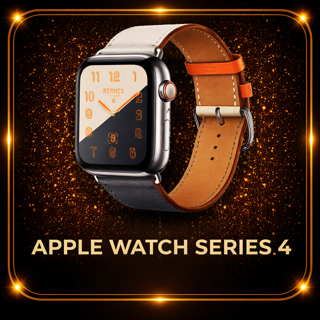 Een Apple Watch Series 4 met een leren band tegen een gouden glitter achtergrond, met de tekst 'Apple Watch Series 4' onder de horloge.