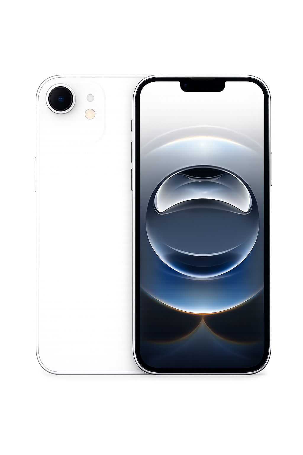 Een witte iPhone met scherp scherm en grote camera, geplaatst voor een zwart podium met gekleurde lichten.