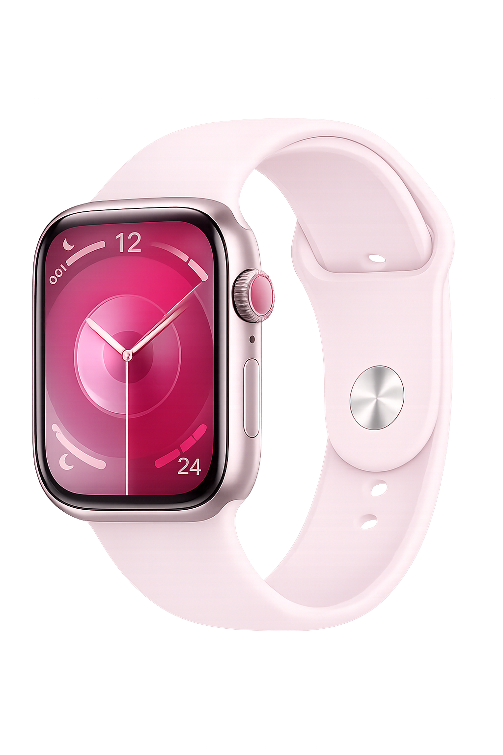 Een roze smartwatch met een sportband, toont de tijd en verschillende gezondheid gerelateerde gegevens op het scherm.