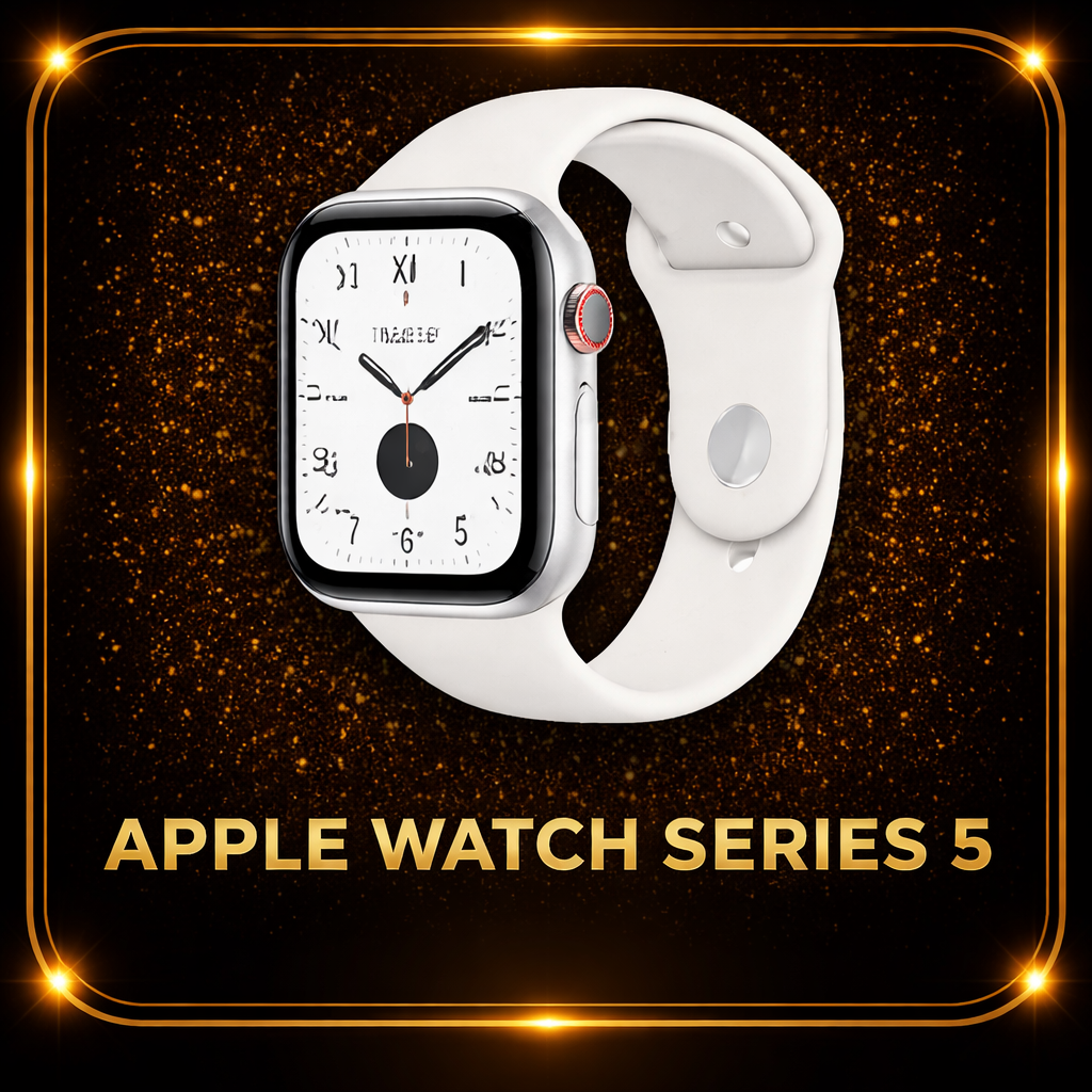 Een Apple Watch Series 5 met een witte band op een zwarte en gouden sprankelende achtergrond, met de tekst 'Apple Watch Series 5' onder.
