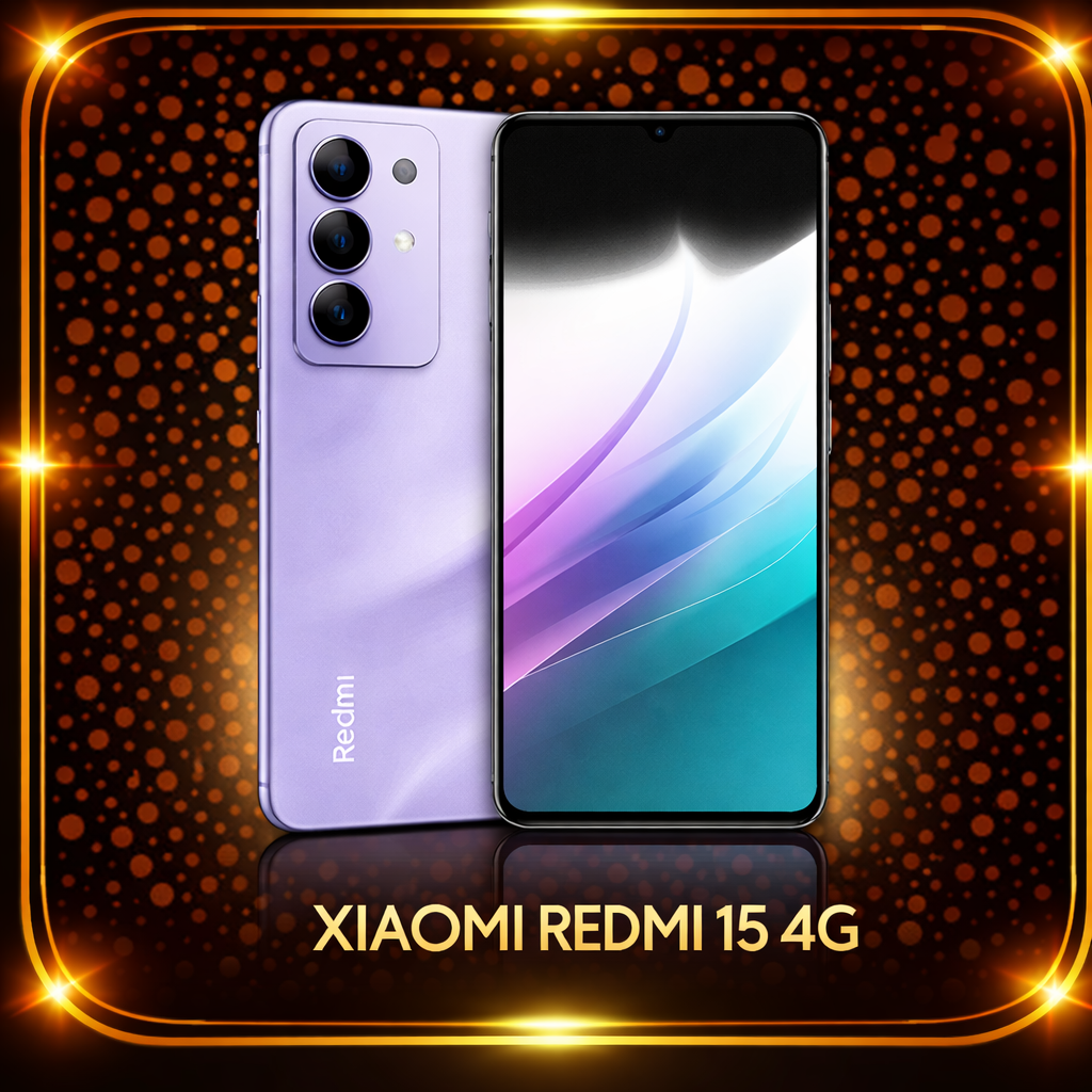 Een mobiele telefoon, de Xiaomi Redmi 15 4G, in een paarse kleur met een groot scherm en drie camera's aan de achterkant, afgebeeld op een glanzende achtergrond met oranje stippen en een gouden rand.