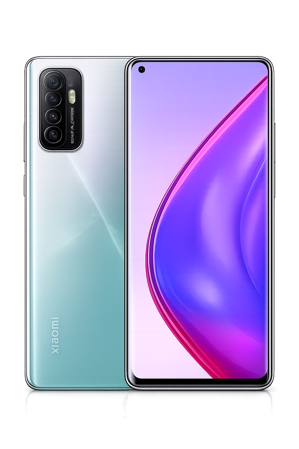 Smartphone van het merk Xiaomi met een viercamera systeem op de achterkant en een groot scherm met randloze display.