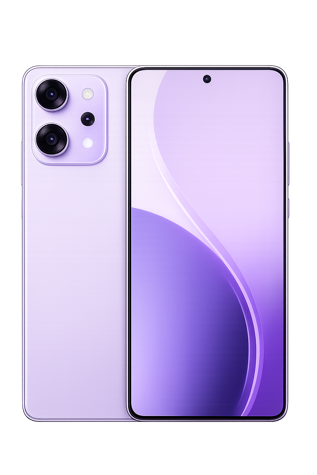 Een nieuw smartphone-model met een groot scherm en drie camera's op de achterkant, in een lichte paarse kleur.