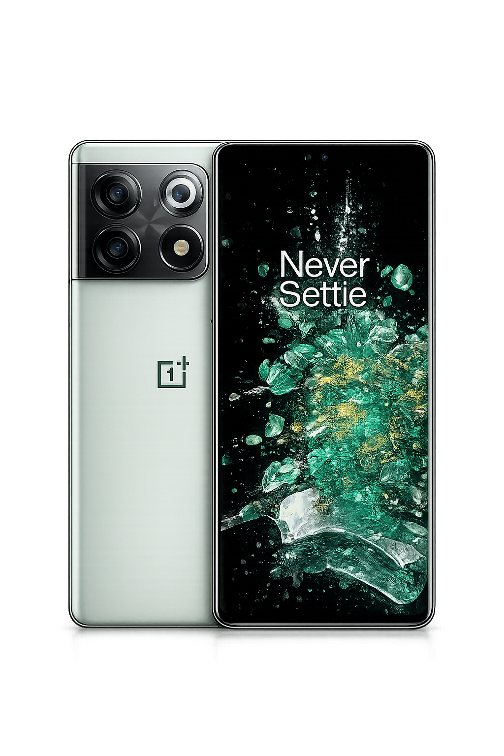 Een smartphone met een grote schermafbeelding waarop de tekst 'Never Settle' staat, en een dubbele camera aan de achterkant.