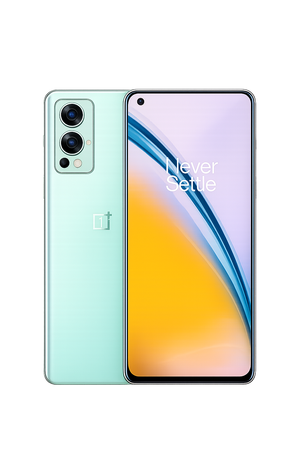 Een smartphone van het merk OnePlus met een dual-camera aan de achterkant en een groot scherm met de tekst 'Never Settle'.