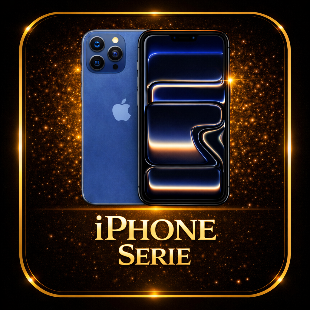 Een afbeelding van een blauwe iPhone-serie smartphone met een gouden rand, omgeven door een goudglanzende achtergrond met fonkelende deeltjes en de tekst 'iPhone Serie' onderaan.
