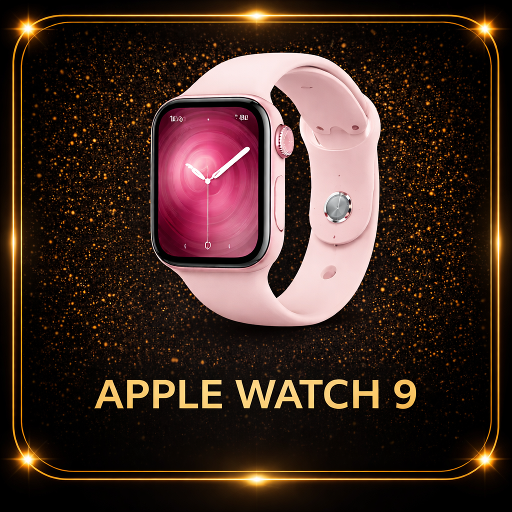 Afbeelding van een roze Apple Watch 9 met een roze band, geplaatst op een glanzende, gouden, spikkelige achtergrond met een gouden rand.