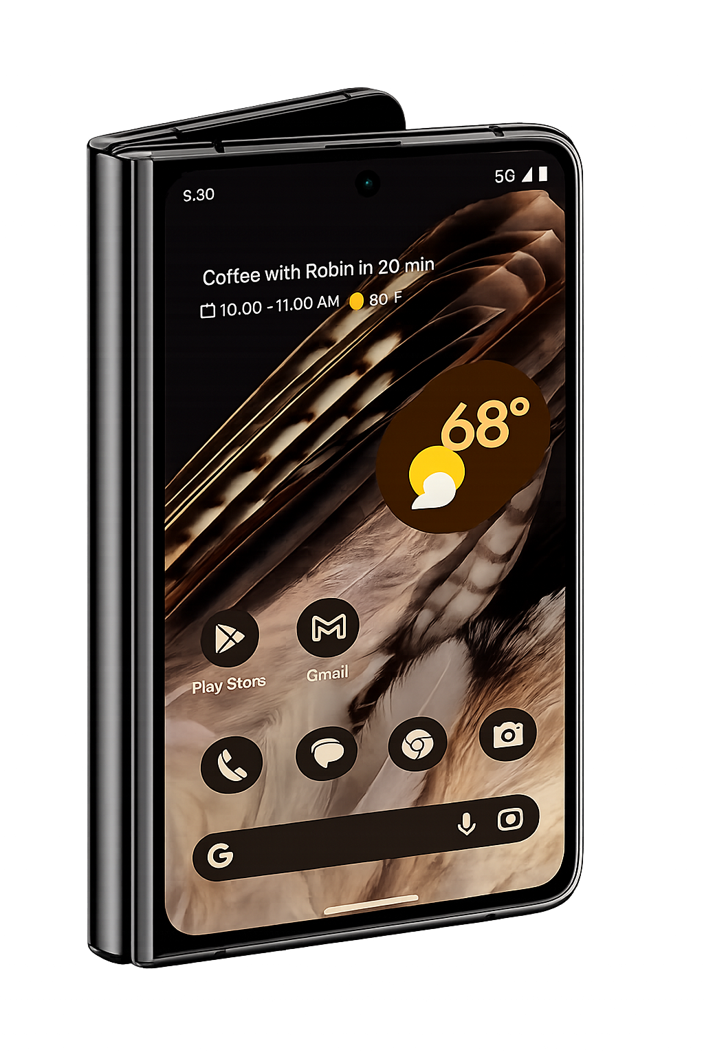 Een moderne smartphone met een zwart scherm, dat de tijd, het weer met 68 graden en een planning voor koffie met Robin om 10:00 tot 11:00 toont, en verschillende app-iconen zoals Play Store, Gmail, bel, berichten, Chrome en camera.
