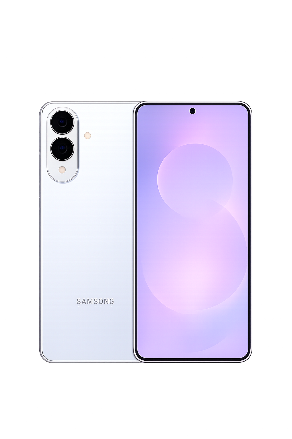 Een witte Samsung-smartphone met dual-camera achterzijde en een groot scherm met een kleine punch-hole voor de frontcamera.