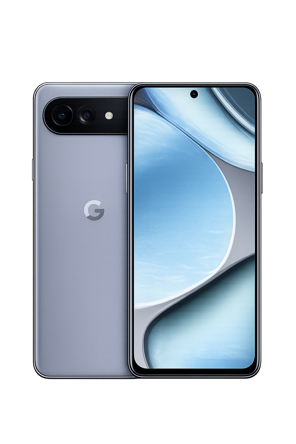 Een smartphones met een grote display en dubbele camera aan de achterkant, geplaatst tegen een zwarte achtergrond met rode en paarse lichtaccenten.