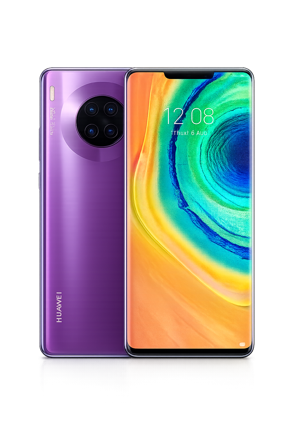 Een kleurrijke Huawei-smartphone met een groot display en een vierringscamera op de achterkant, afgebeeld tegen een donkere achtergrond met kleurrijke lichtpatronen.