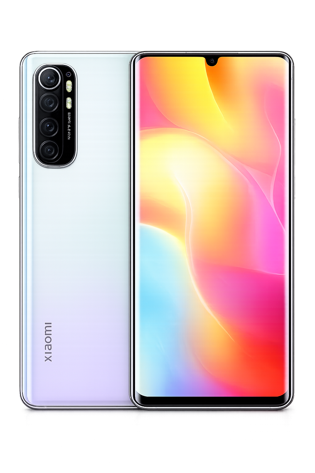 Een overzicht van een Xiaomi smartphone met een kleurrijk scherm en een viervoudige camera aan de achterkant.