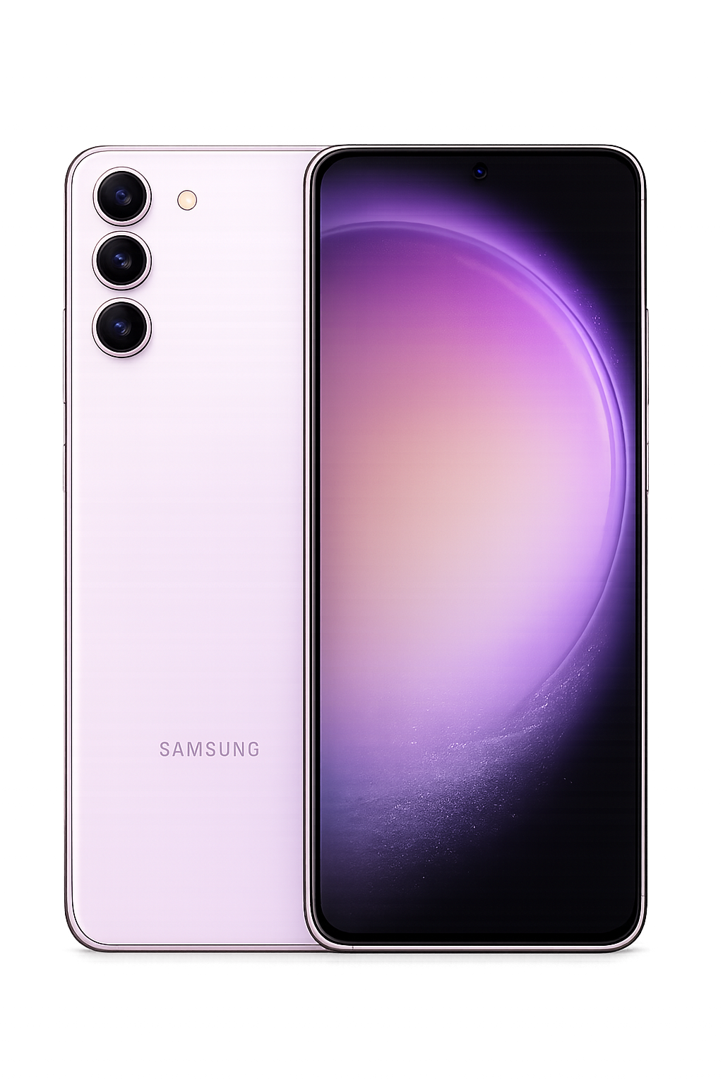Een witte Samsung-smartphone met drie camera's aan de achterkant en een scherm met een paarse en zwarte achtergrond.