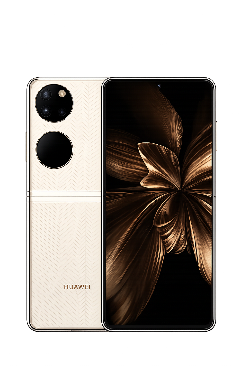 Een goudkleurige Huawei-smartphone met een grote zwarte scherm met een bloemmotief en drie camerasensoren aan de achterkant.