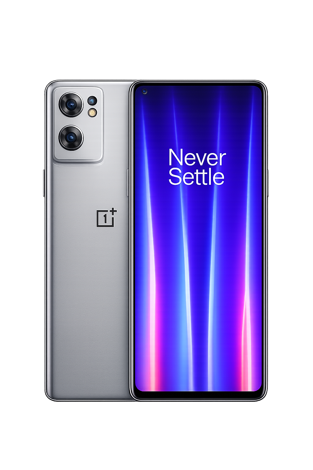 Een geavanceerde smartphone met een groot scherm die het thema 'Never Settle' toont, en een dubbele camera aan de achterkant met een glanzende afwerking.