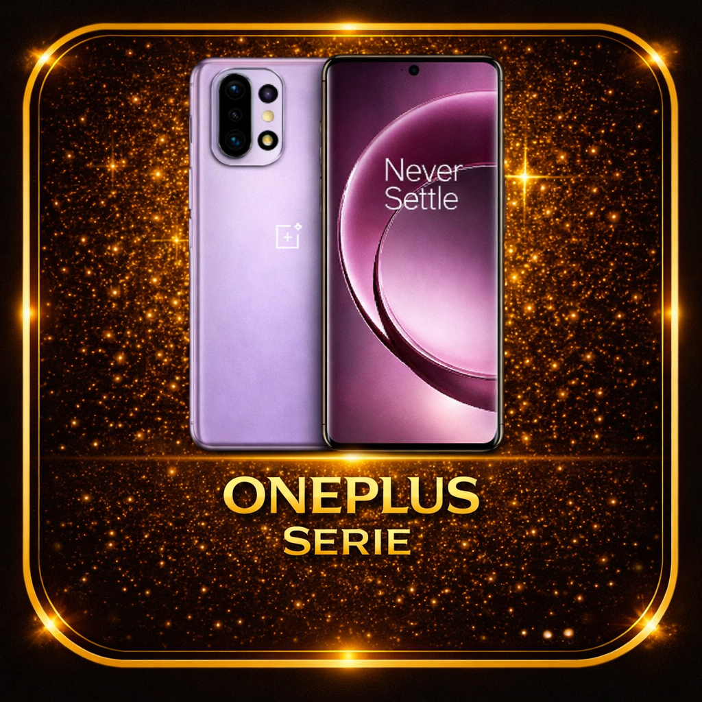 Een afbeelding van twee OnePlus smartphones, één in een paarse kleur en de ander met een scherm met de tekst "Never Settle", op een glamoureus goudkleurig achtergrond met de tekst "OnePlus Serie"